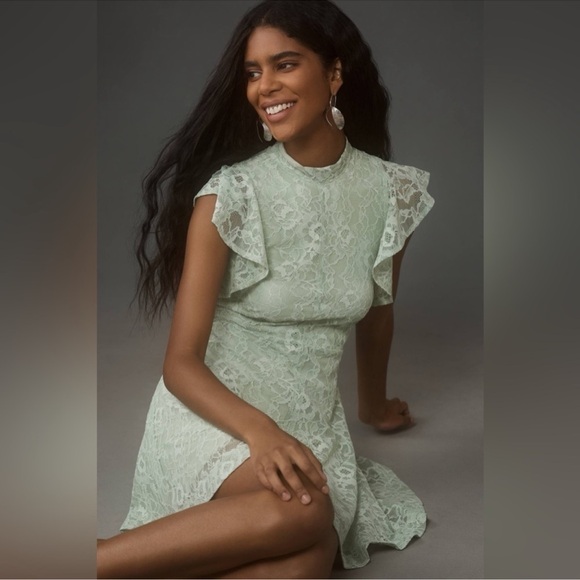 Anthropologie Maeve Mock Neck Lace Mini Dress in Moss Green - Picture 3 of 10